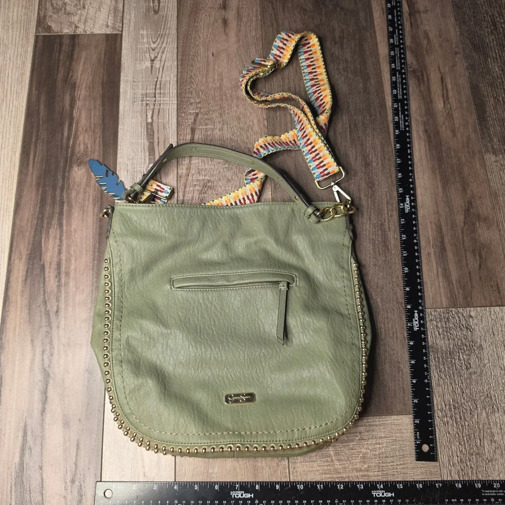 Jessica Simpson Olive Green Studded Hobo Bag Woven Guitar Strap Leopard Lining